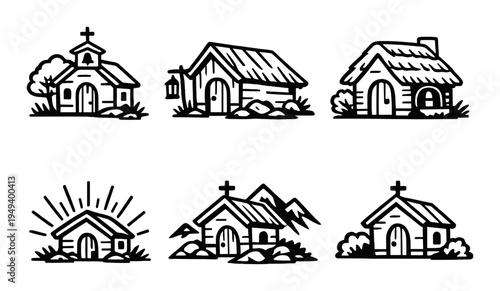 Six small houses and chapels displayed on dark gradient background