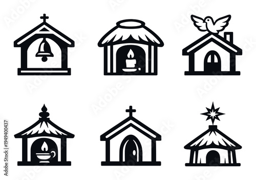 Church and stable icons with dove and star on dark background