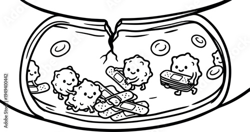 Cute white blood cells repairing artery crack with smiling faces holding adhesive bandages inside blood vessel