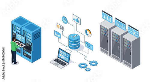 Seamless data management ecosystem illustrating network infrastructure, server administration, and digital security