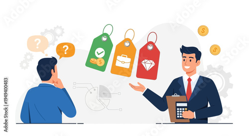 Business consultant explaining diverse value options and strategic choices to a pondering client