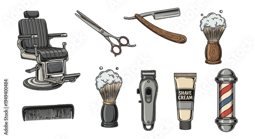 Vintage and Modern Barber Shop Tools Collection - Classic Grooming Equipment and Accessories Illustrations Set
