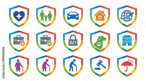 A comprehensive collection of colorful shield icons representing diverse insurance and protection concepts for health, family, property, and financial security