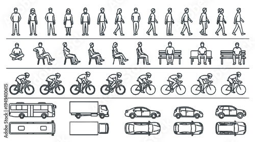 Diverse set of vector line art icons depicting people and vehicles in various poses and perspectives, isolated on white