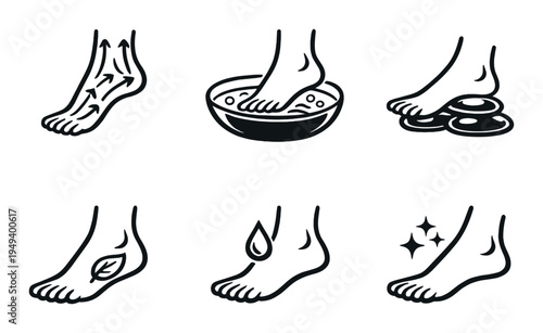 Feet icons illustrating foot care treatments on dark background