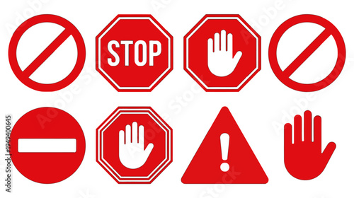 Comprehensive collection of red and white stop, warning, and prohibition signs for safety and traffic regulation