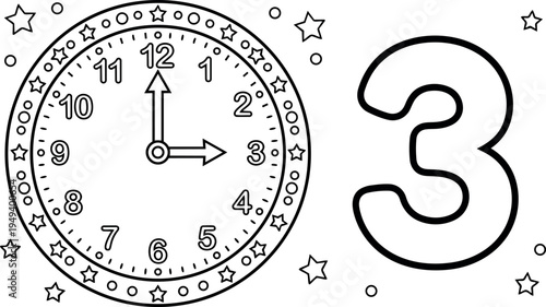 Black and white flat design clock showing three o clock with large number three and star decorations around