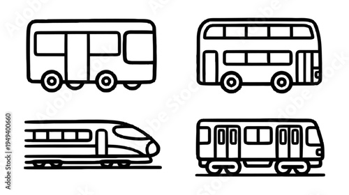 Set of four distinct public transportation vehicle icons, including a bus, double-decker bus, and train