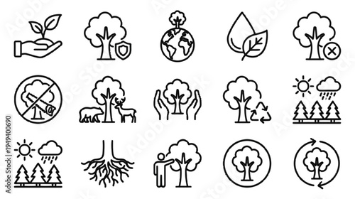 Sustainable Environmental Protection and Tree Conservation Concept Line Icons Collection for Nature Care