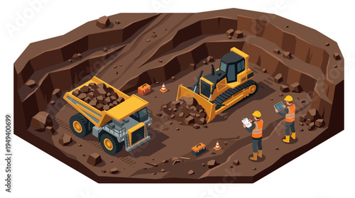Isometric view of a vibrant open-pit mining site with heavy earthmoving machinery and supervisors overseeing operations
