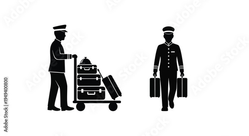 Bellhops with luggage and suitcases a striking black silhouette