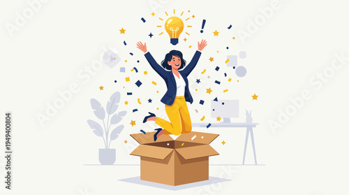 Joyful professional celebrates a breakthrough moment, unboxing a brilliant new idea with confetti