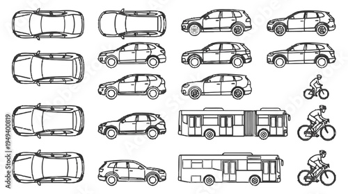 Collection of line art vector illustrations showcasing various modern land vehicles, including cars, buses, and bicycles, from top and side views