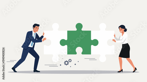 Business collaboration challenge Two professionals engage with a large puzzle piece, seeking solutions and integration