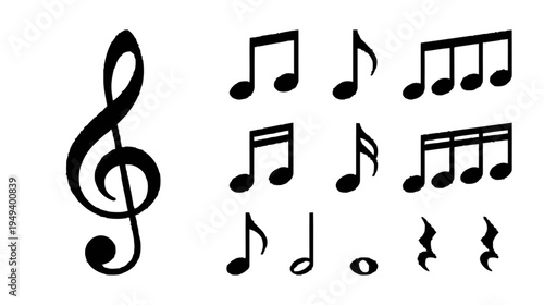 Musical symbols collection treble clef, notes, and rests for music notation and composition