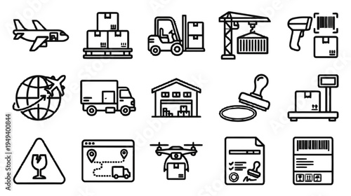 Comprehensive Logistics and Supply Chain Management Icons Set for Global Shipping and Delivery Services