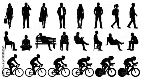 Diverse group of individuals depicted in numerous daily routines and recreational activities, ideal for design projects