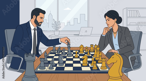 Business professionals playing a strategic game of chess, symbolizing competition and decision-making