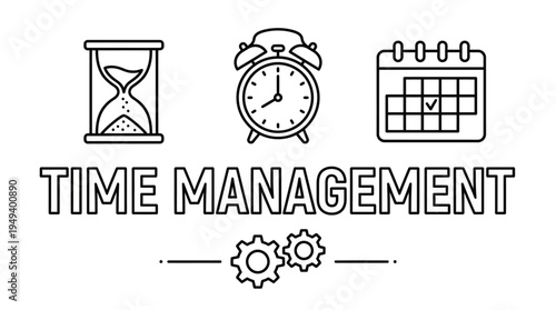 Time management icons hourglass, alarm clock, and calendar with gears