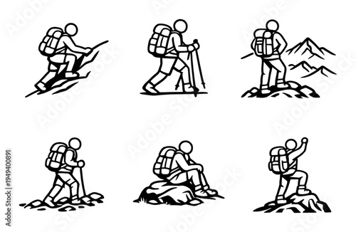 Hikers climbing and resting with backpacks on mountain terrain