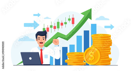 Financial growth and success depicted through charts and coins