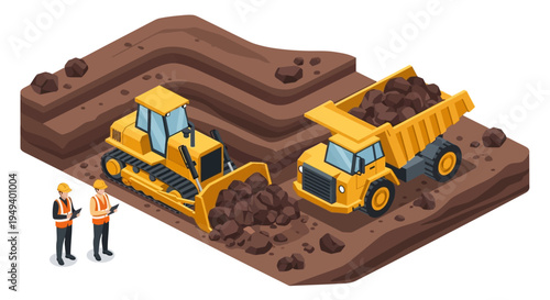 Construction scene with heavy machinery and workers overseeing earthmoving operations