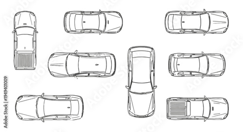 Bilde på lerret Top view schematic illustrations of diverse passenger cars, truck, and SUV model