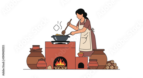 A woman cooks over a traditional stove with pottery and fire elements presented in a flat vector silhouette high quality professional