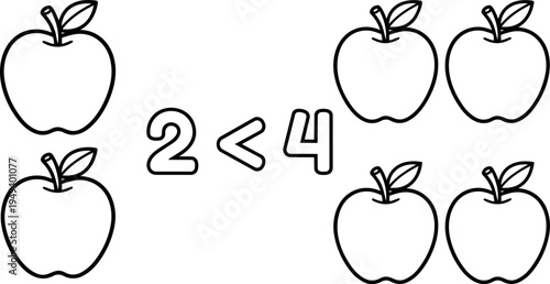 Black line art apples with comparison symbol showing two apples less than four apples simple educational math concept