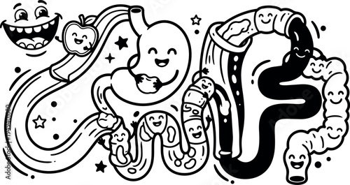 Whimsical line art smiling digestive system organs with happy faces and playful apple character in black and white style