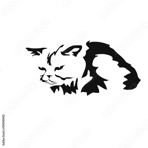 Vector drawing of a cat. Black and white gestalt design of a funny pet. Little kitty. Cute animal illustration. Postcard for International Cat Day. Drawing of an animal in the Gestalt style.