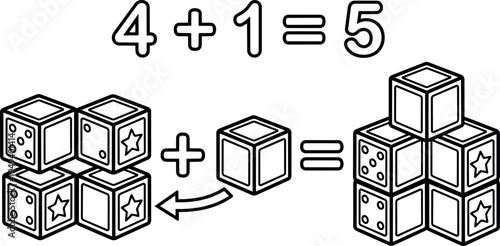 Black line art educational vector showing simple math addition with four cubes plus one cube equals five cubes diagram