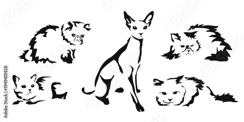 Vector drawing of a cat. Black and white gestalt design of a funny pet. Little kitty. Cute animal illustration. Postcard for International Cat Day. Drawing of an animal in the Gestalt style.