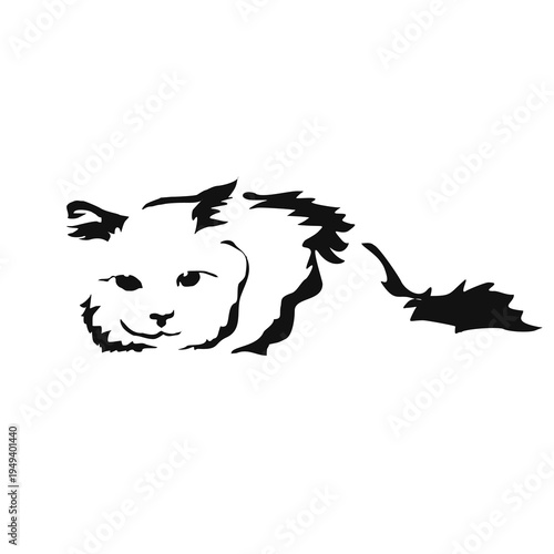 Vector drawing of a cat. Black and white gestalt design of a funny pet. Little kitty. Cute animal illustration. Postcard for International Cat Day. Drawing of an animal in the Gestalt style.