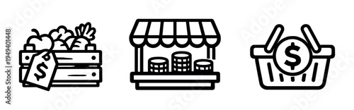 Crate of produce, market stall and shopping basket on gray background