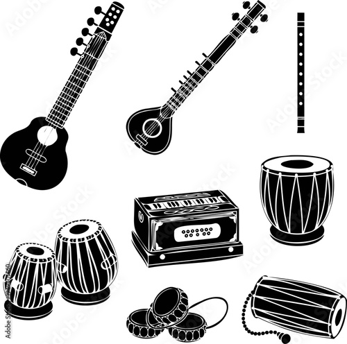 Traditional ethnic musical instruments vector silhouette set, acoustic folk music icons isolated