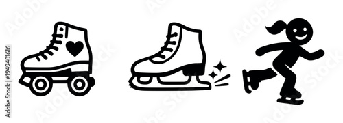 Roller boot, ice skate, and skater figure on dark background