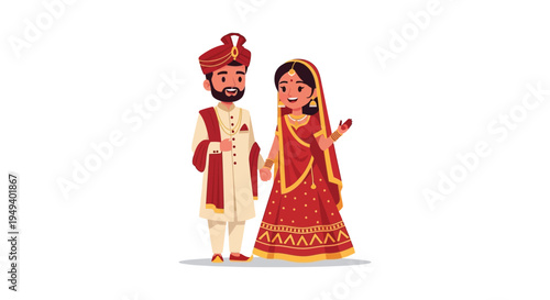 A vibrantly colored illustration depicts a traditionally dressed indian couple on their wedding day a striking silhouette high quality professional detailed