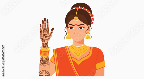 An illustration depicts a traditionally adorned woman with intricate henna raising her hand in a blessing gesture silhouette high quality professional