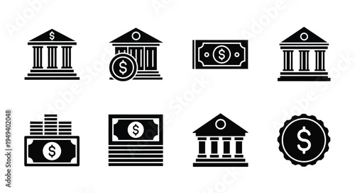 Financial institutions and currency symbols in a stark silhouette