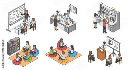 A colorful illustration depicts various classroom scenes including labs lectures and study groups as a silhouette high quality professional detailed modern