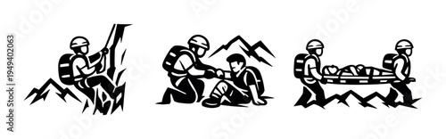 Mountain rescuers assisting climbers and carrying stretcher