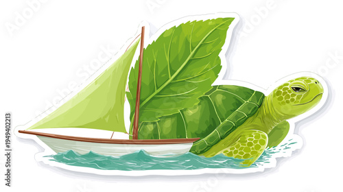A cartoon image depicting a turtle sailing with a leaf as sail. The image is a sticker with waves