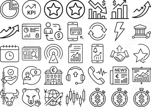 Stock Market Trading and Financial News Line Icon Set