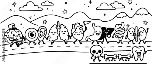 Cute cartoon style smiling human organs marching in line with skull and bones cartoon vector art illustration