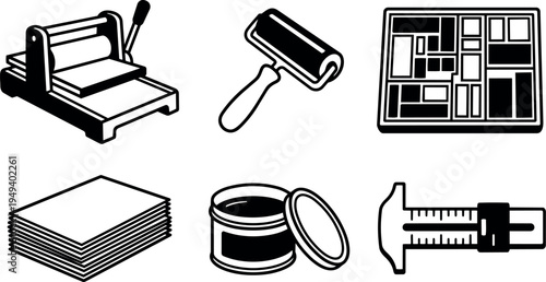 Black and white vector art printmaking tools including brayer press roller ink jar and paper stack icons set