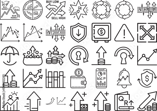 Market Cycle and Economic Risk Management Line Icon Set