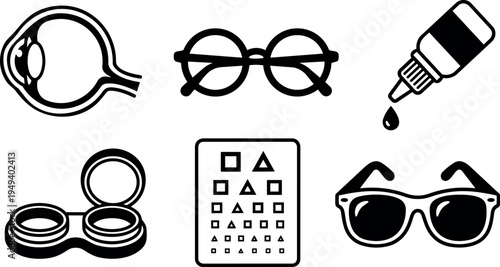 Black and white medical eye care icons including eye anatomy glasses contact lens solution and vision test chart symbols