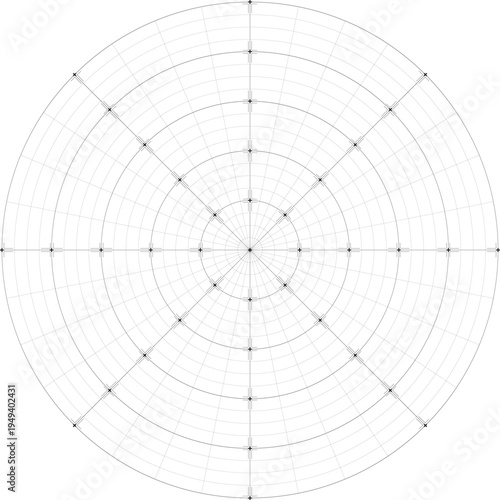 Black line radial dense grid texture with cell corners and crosses on white background. FUI science round grid backdrop. Math or technological notebook blank circular sheet.