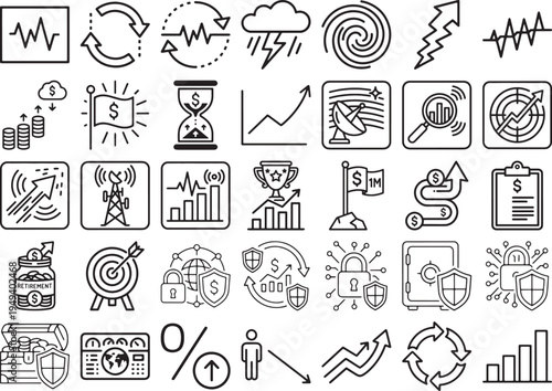 Financial Security and Market Volatility Line Icon Set